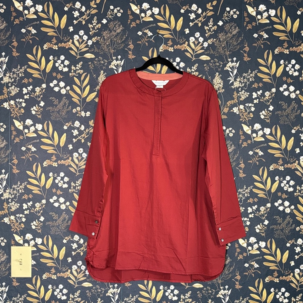The Company Store Rich Red Half Button Down Popover Blouse Tunic Size L